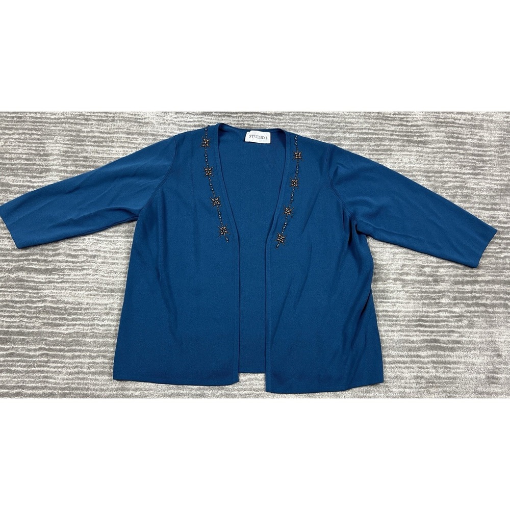Studio I Top Womens XL Blue Beaded Cardigan 3/4 Sleeve Open Front‎ Casual